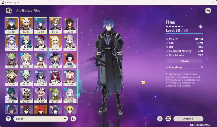 Mid-Game | ASIA | AR 45 | 2 Limit Arataki Itto | Flins  Diluc + Sign (2) | Mizuki | MC Female (Lumine) GI037B