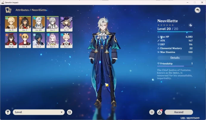 Starter | ASIA | AR 10 | 1 Limit Neuvillette | Dehya | MC Male (Aether) GI042B