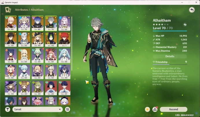 ASIA | AR 45 | 6 Limit | Flins, Kazuha, Alhaitam, Zhongli, Neuvillate, Navia, MC Female (Lumine) GI067B