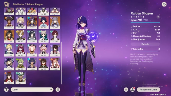 ASIA | AR 56 | 5 Limit | Clorinde, Zhong li, Raiden, Escoffier, Mualani, MC Female (Lumine) | GI068B
