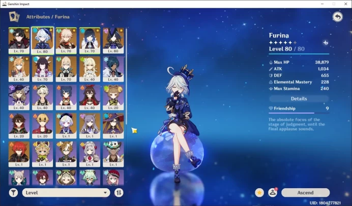 ASIA | AR 55 | furina, wriothesley, kazuha, yelan, columbina, jean, ororon. esco check SS GI081B