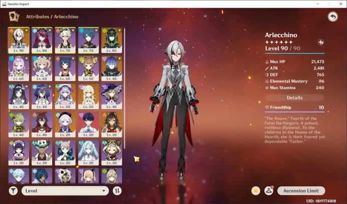 ASIA | AR 54, arlechino, rossaria, bennet, xingqiu, nefer, flins, aino more detail check SS GI095B