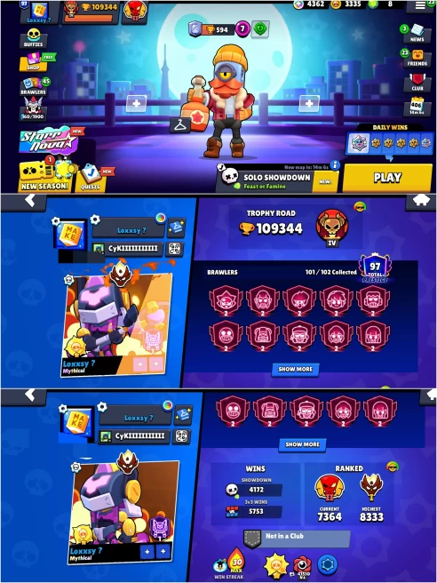 OP 2019 BS 109.3k TROPHY,MASTERS, SOLAR FAME 1,97 PRESTIGE ,43 HYPERCHARGED, 2 MAXED,414 OP SKINS ,1189 PINS,634 ICON,301 SPRAYS