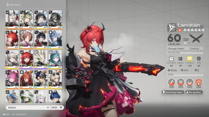 Mid Game | ASIA | Laevatain | Yvonne | lifeng | pogra | ardelia |  amber | mc female | WP B6 11 | LVL 49 AKE075B