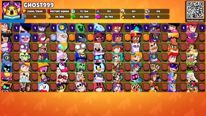 21K Trophies | 77/102 Brawlers | 9 Max Brawlers - 9 Hypercharges | 139 Skins | 271 Pins | 250 Icons | Legendary, Max Power, Rank 35, rare