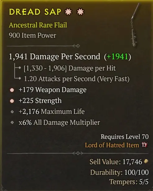[900 IP] FLAIL** 2GA - 1941 DPS - *179 WEAPON DMG - *225 STRENGTH - 2176 HP - x6% ALL DMG MULTIPLIER