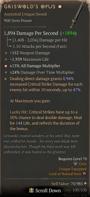 [900 IP] GRISWOLD'S OPUS* 1GA - (0.94%/47% ROLL) - 152 WEAPON DMG - 1939 HP - *x13% ALL DMG MULTI - x24% DOT MULTI