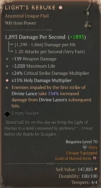 [900 IP] LIGHT'S REBUKE* 1GA - (134% ROLL) - 139 WEAPON DMG - 2020 MAX LIFE - x24% CRIT DMG MULTI - *x13% HOLY DMG MULTI