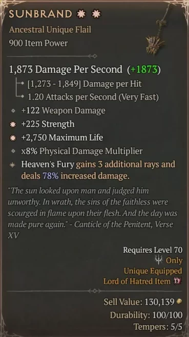 [900 IP] SUNBRAND** 2GA - (78% ROLL) - 122 WEAPON DMG - *225 STRENGTH - *2750 MAXIMUM LIFE - x8% PHYSICAL DMG MULTI