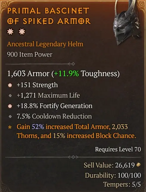 [900 IP] HELM** 2GA - 1603 ARMOR - *151 STRENGTH - 1271 MAXIMUM LIFE - *18.8% FORTIFY GENERATION - 7.5% CD REDUCTION