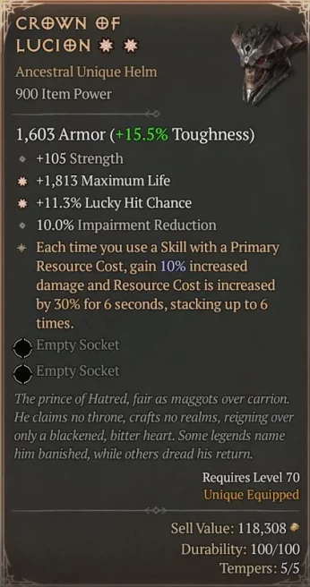 [900 IP] CROWN OF LUCION** 2GA - (10% ROLL) - 1603 ARMOR - 105 STR - *1813 MAX LIFE - *11.3% LUCKY HIT - 10% IMPAIR RED