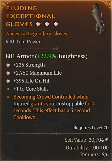 [900 IP] GLOVES*** 3GA - *225 STRENGTH - *2750 MAX LIFE - *395 LIFE ON HIT - +1 TO CORE SKILLS