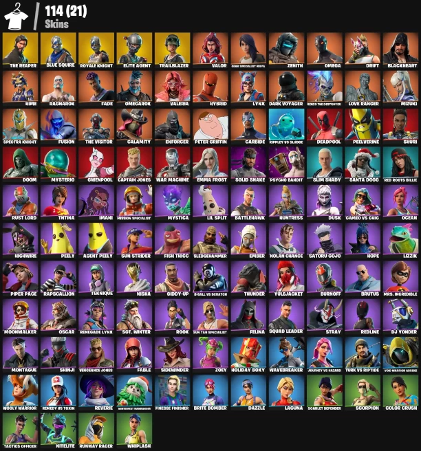 114 skins | The Reaper | Blue Squire | Royale Knight | Elite Agent | Trailblazer | Valor | Gear Specialist Maya | Zenith | Omega | Drift |