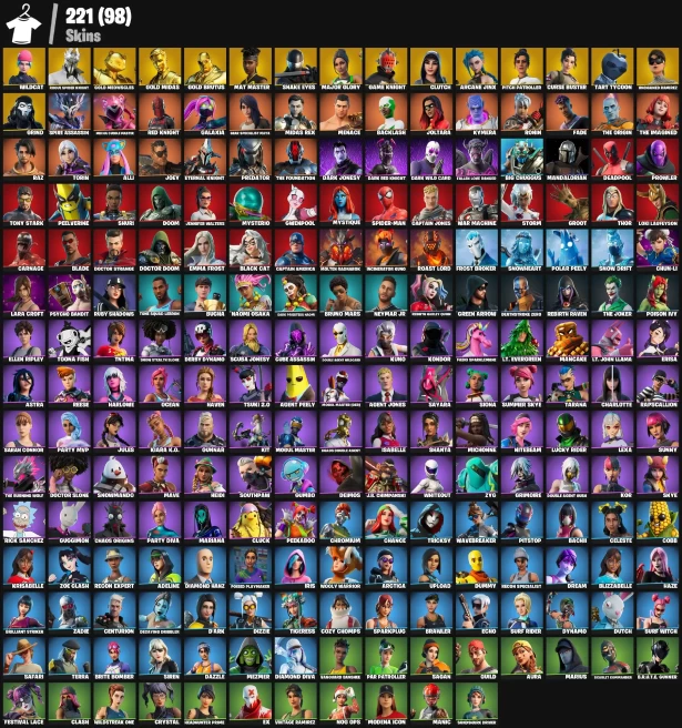221 skins | Wildcat | Rogue Spider Knight | Gold Meowscles | Gold Midas | Gold Brutus | Mat Master | Snake Eyes | Major Glory | Game Knight |