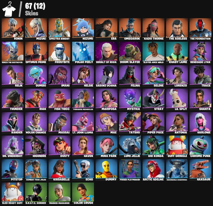 58 skins | OG STW | Spectra Knight | Mizuki | Nezumi | Era | Optimus Prime | The Ageless | Omegarok | The Foundation 