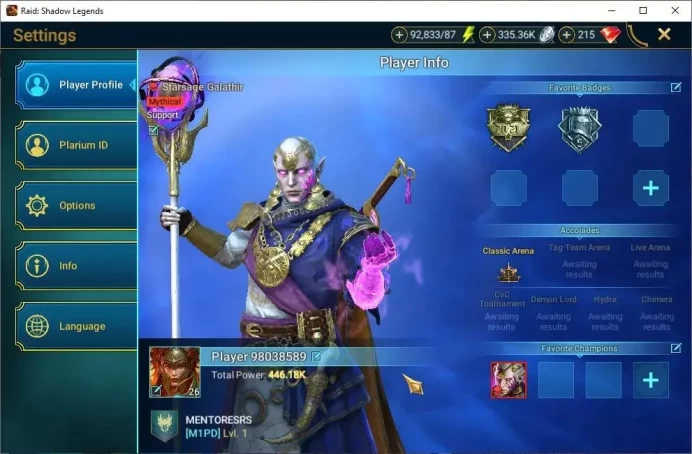 Lv26 446K Power|1 Mythic [Galathir] +24 Legendary(Ninja,Artax,McAngelo,Xenomorph,Ezio,Wukong,Etc)|92K Energy|Plarium|RSL1478