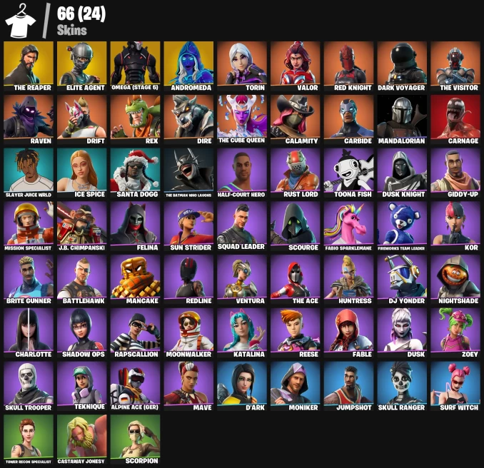 66 skins | The Reaper | Elite Agent | Omega (stage 5) | Andromeda | The Cube Queen | Carbide | Calamity | Raven |