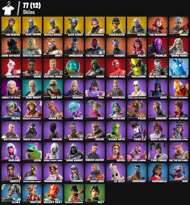 76 skins | The Reaper | Blue Squire | Royale Knight | Elite Agent | Havoc | Sub Commander | Trailblazer | Carbide |