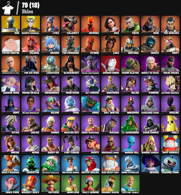 78 skins | OG STW | Eon | Naruto Uzumaki | Paradigm (Reality-659) | Valeria | Nezumi | Calamity | Leviathan | Hybrid