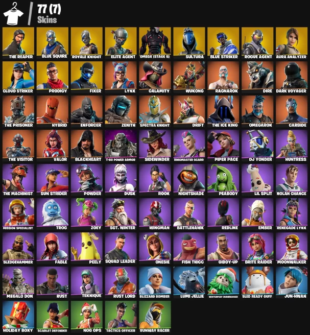 74 skins | Nog Ops | The Reaper | Blue Squire | Royale Knight | Elite Agent | Omega (stage 5) | Aura Analyzer | Fixer |