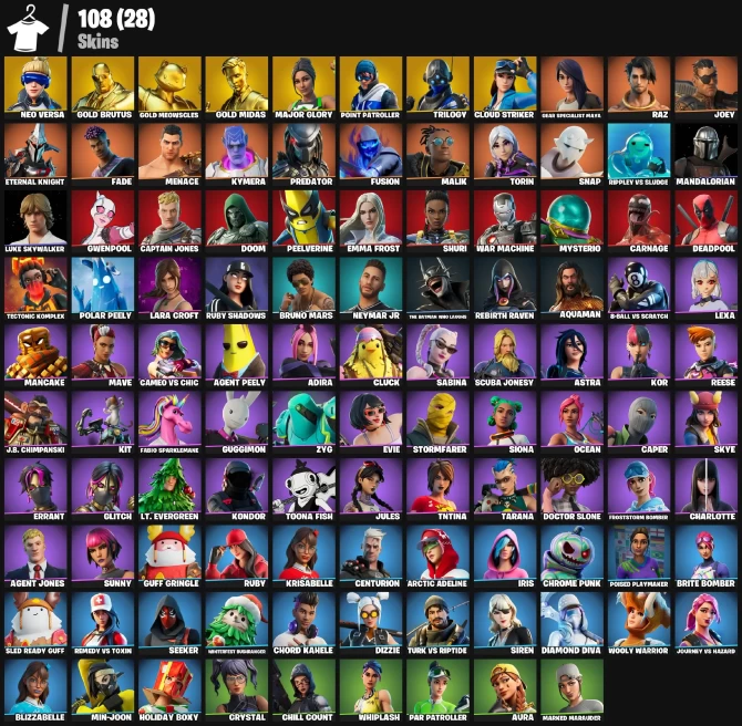 107 skins | Neo Versa | Gold Brutus | Gold Meowscles | Gold Midas | Major Glory | Trilogy | Point Patroller |