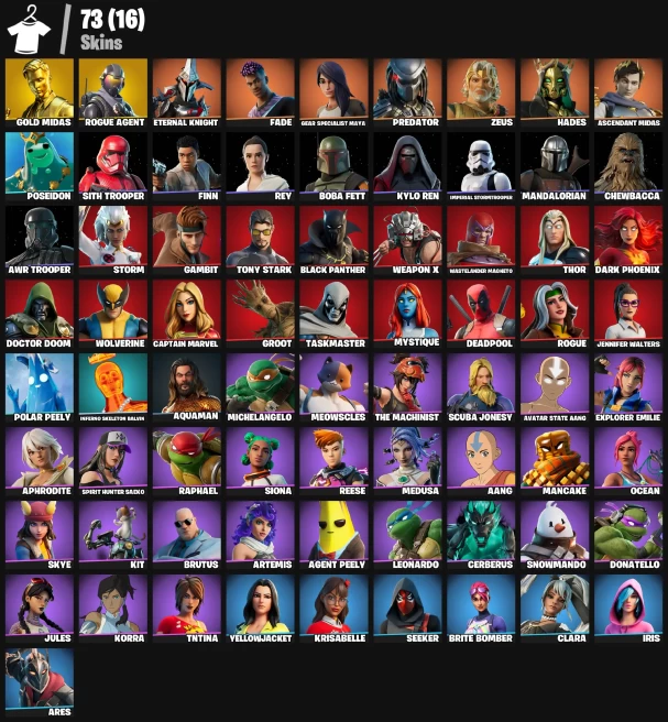 73 skins | Gold Midas | Rogue Agent | Hades | Eternal Knight | Fade | Gear Specialist Maya | Zeus | Ascendant Midas |