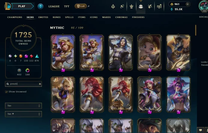 NA EMAIL CHANGEABLE 1725 SKINS 133 Mythic 737 Little legends 14X Mythic 13 Mythic Essence