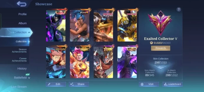 ML202//Level 91 98 Skins Mythic Legend Alucard K.F.O Karina Transformers Roger Amazing Recall 2 Magic Core