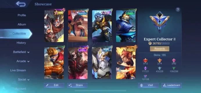 ML219//Level 66 185 Skins Epic Hayabusa Experiment 21 4 skins Franco MPL Moscov Blood Spear Chong Prime