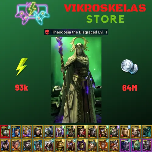 Starter with Mythical - Theodosia : 93k energy / 64 mln coins / Lonatharil, Arix, Ninja + 20 Login Legendaries / Romero + Juliana