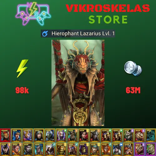 Starter with Mythical - Lazarius : 98k energy / 63 mln coins / Bivald, Rhazin, Arix, Ninja + 20 Login Legendaries / Seer, Yuzan