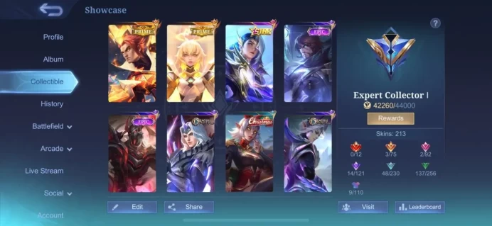 ML228//Level 89 213 Skins Epic Rank Leslie Gold Star Beatrice Prime Chong Prime Moscov The Bloody Spear Collector Natalia