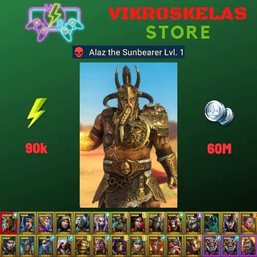 Starter with Mythical - Alaz : 90k energy / 60 mln coins / Rae, Royal Huntsman, Arix, Ninja + 20 Login Legendaries / Coldheart 3x
