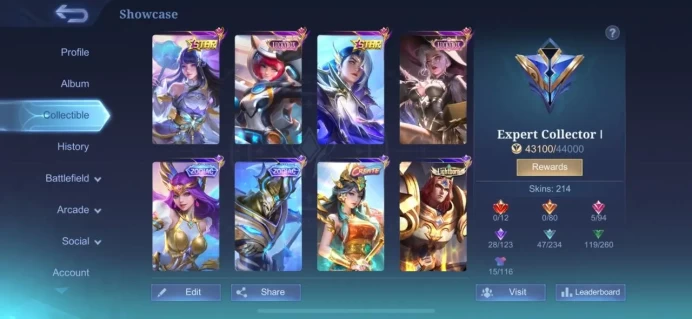 ML236//Level 74 214 Skins Epic Rank Kagura and Leslie Gold Star Zodiac Zask and Odette Collector Natalia Kimmy's Box Alice