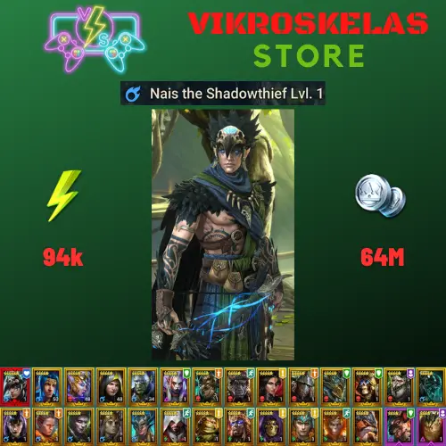 Starter with Mythical - Nais : 94k energy / 64 mln coins / Shy'ek, Ruarc, Shemnath, Arix, Ninja + 20 Login Legendaries / Fenax