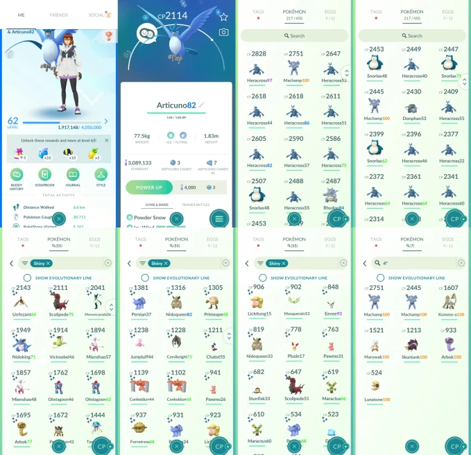 ACm1301 -lv 62 Mystic | x45 2000CP | x55 shiny | x7 100IV | Articuno | 4* Kommo-o | shiny Meowscarada Corviknight Eevee Ditto Talonflame Nidokin