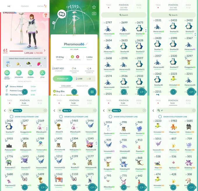 ACm1309 -lv 61 Valor | x40 2000CP | x48 shiny | x13 100IV | Pheromosa | Shiny Palossand Charizard Vaporeon Gardevoir Snorlax Haunter