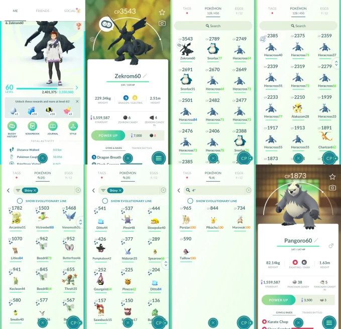 ACm1314 -lv 60 None | x1 3000CP | x20 2000CP | x25 shiny | x4 100IV | 3543CP Zekrom | Pangoro Charizard Blissey Alakazam