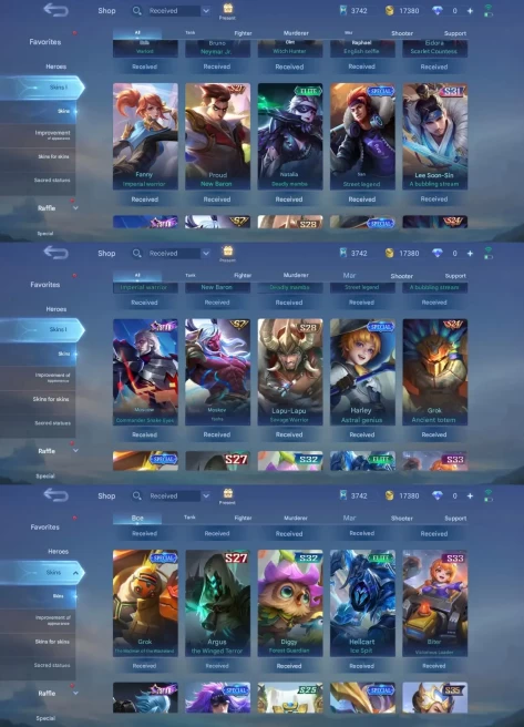 ML244//Level 69 117 Skins Epic Blazing Cloud SABER Dragon STAR As NEYMAR STAR MYTH2023