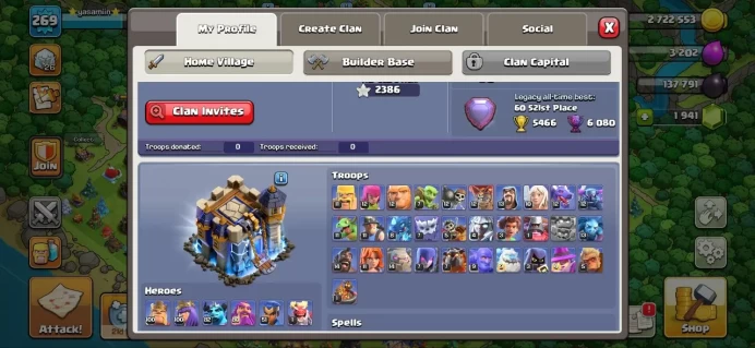 Th_18(XP 269)(WARDEN MAX)(PETS &TROP &DEF MAX)(WALL LV 18)(C.N 500 GEM)(8 SKIN HERO)(21 E.EPIC MAX)(LIFTIME WARANTY)