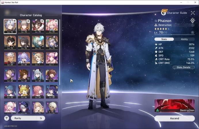 ASIA | TL 54 | 9 Limit | 17 golden ticket | Phainon, Tingyun, Hyacine, Dan heng, Ruan mei, Anaxa, Chiper, and etc HSR081B