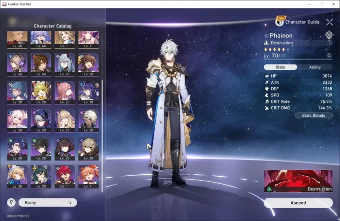 ASIA | TL 54 | 9 Limit | 17 golden ticket | Phainon, Tingyun, Hyacine, Dan heng, Ruan mei, Anaxa, Chiper, and etc HSR081B