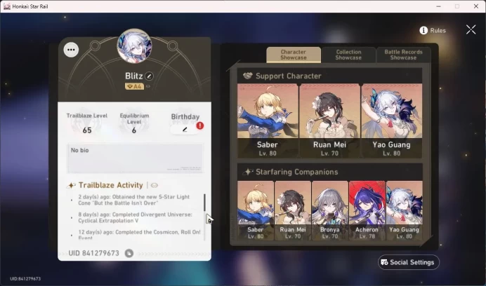 ASIA | TL 65 | 6 Limit | Yao Guang Saber+sign Acheron Arher DanhengPT RuanMei Bronya Gepard Bailu | Mc MaleHSR109B