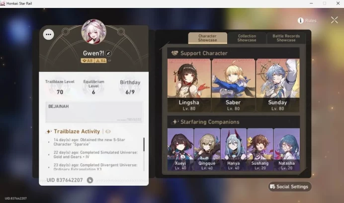 ASIA|TL70|12 limit|DanHEng PT,Sunday,Saber<hyacine,Tribbie,Cyrene,Lingsha,etc check SS|HSR142B