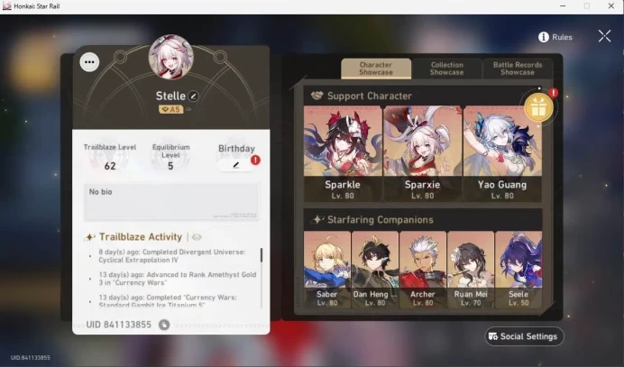 ASIA|TL 62|Sparxie Prem Team|7 limit|Yao Guang E4,Sparkle,Danheng PT,check SS|MC Female|HSR158B