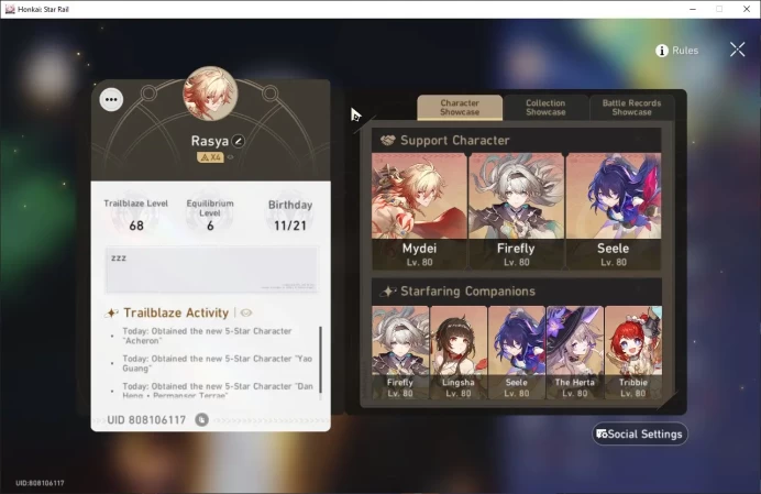 ASIA|TL 68|11 limit|Firefly,YaoGuang,Acheron,TheHerta,Lingsha,Mydei,etc check SS|MC Male|HSR177B