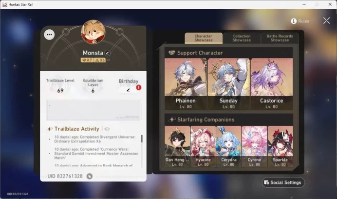 ASIA|TL69|13limit|Premteam(PhainonE2+sign,castorice+sign)LCsign(Sunday,Hyacine,Lingsha)Well build End game|etc check SS|HSR180B