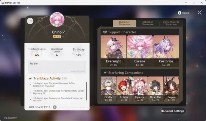 ASIA|TL 65|12 Limit|CarryTeam(Castorice+sign,Evernight,Cyrene,Hyacine)Firefly E1,Tribbie,etc|Check SS|MC Male|HSR253B