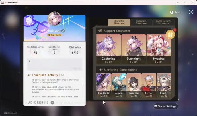 ASIA TL70|24 Lim|Castorice+S1|Hyacine E1S1|March Evernight|Tribbie|Ruan Mei E1|Bronya E4|Stelle|Detail Cek SS|HSR261B