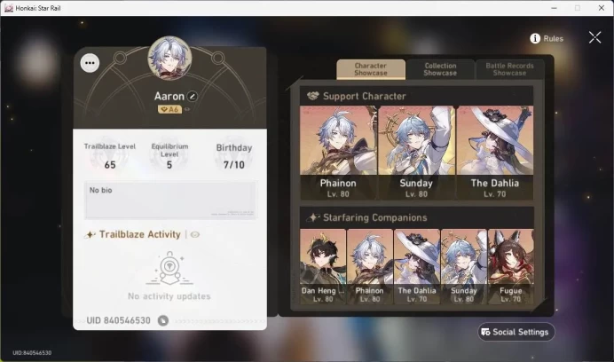 ASIA|TL 65|9 Limit|PremTeam(Phainon,Sunday,Cerydra,DanHeng PT)TheDahlia,Sparkle,Fugue,Archer,Seele,etc|Check SS|MC Male|HSR266B